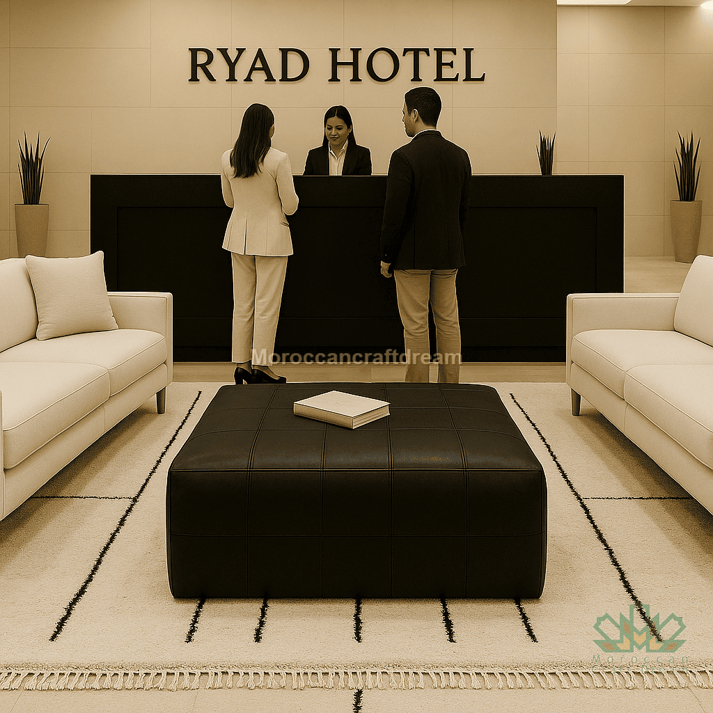 Front desk of Ryad Hotel with receptionist and guests in a modern lobby.