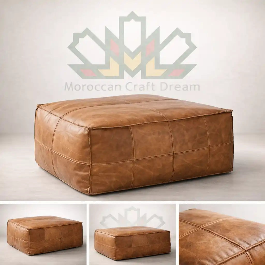 Light Caramel Brown leather ottoman with 'Moroccan Craft Dream' logo on a light gray background