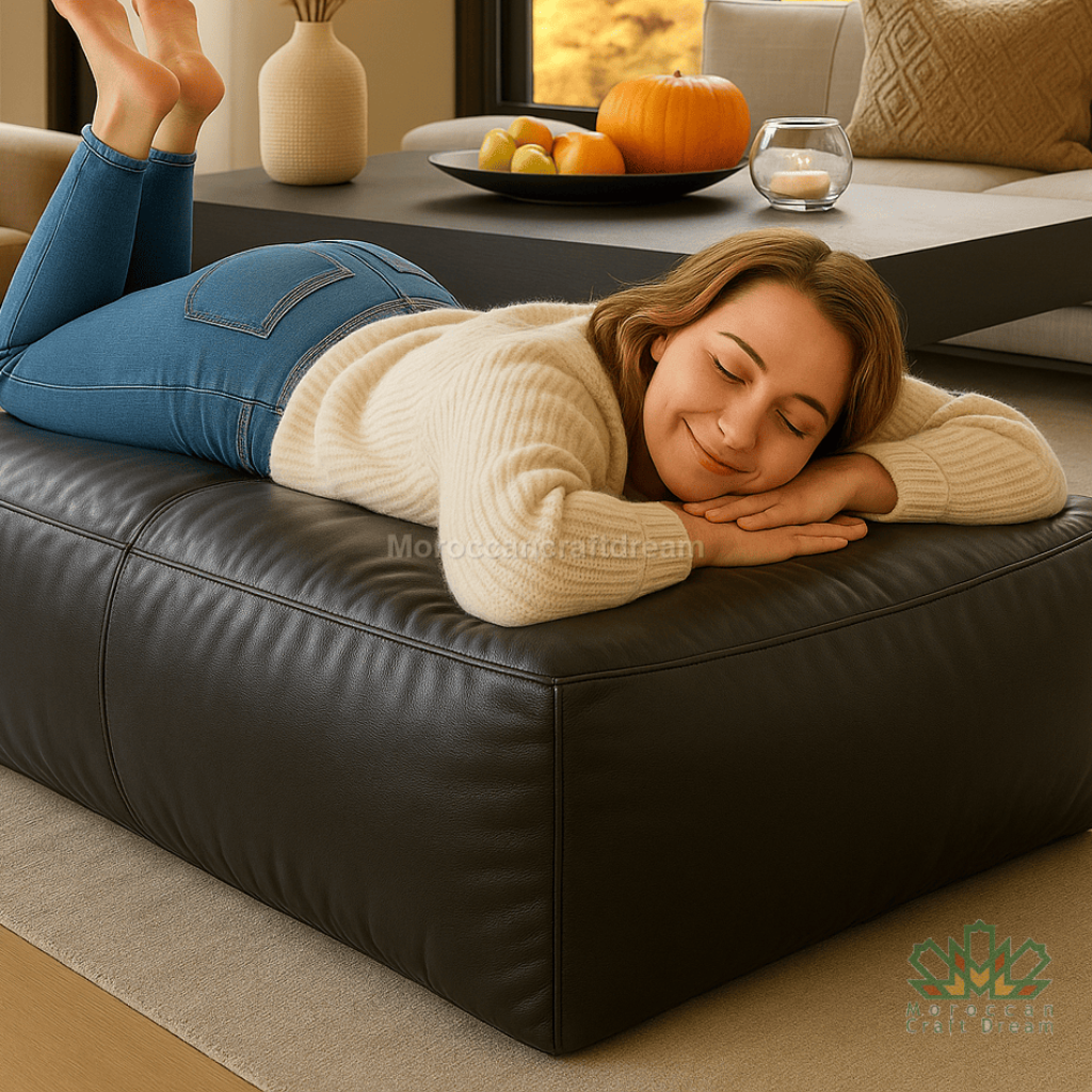 Woman lying on a black leather sofa in a cozy living room with pumpkins and candles.