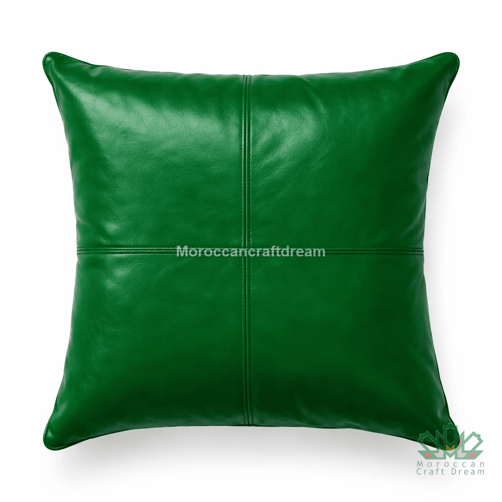 Green leather pillow on a white background with 'MoroccanCraftDream' branding.