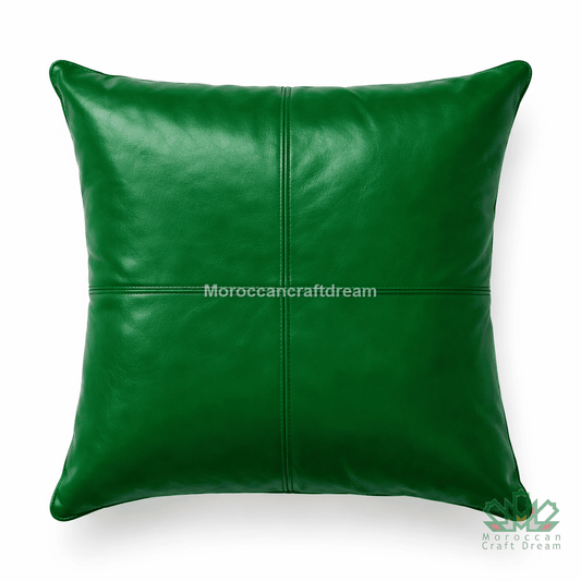 Green leather pillow on a white background with 'MoroccanCraftDream' branding.