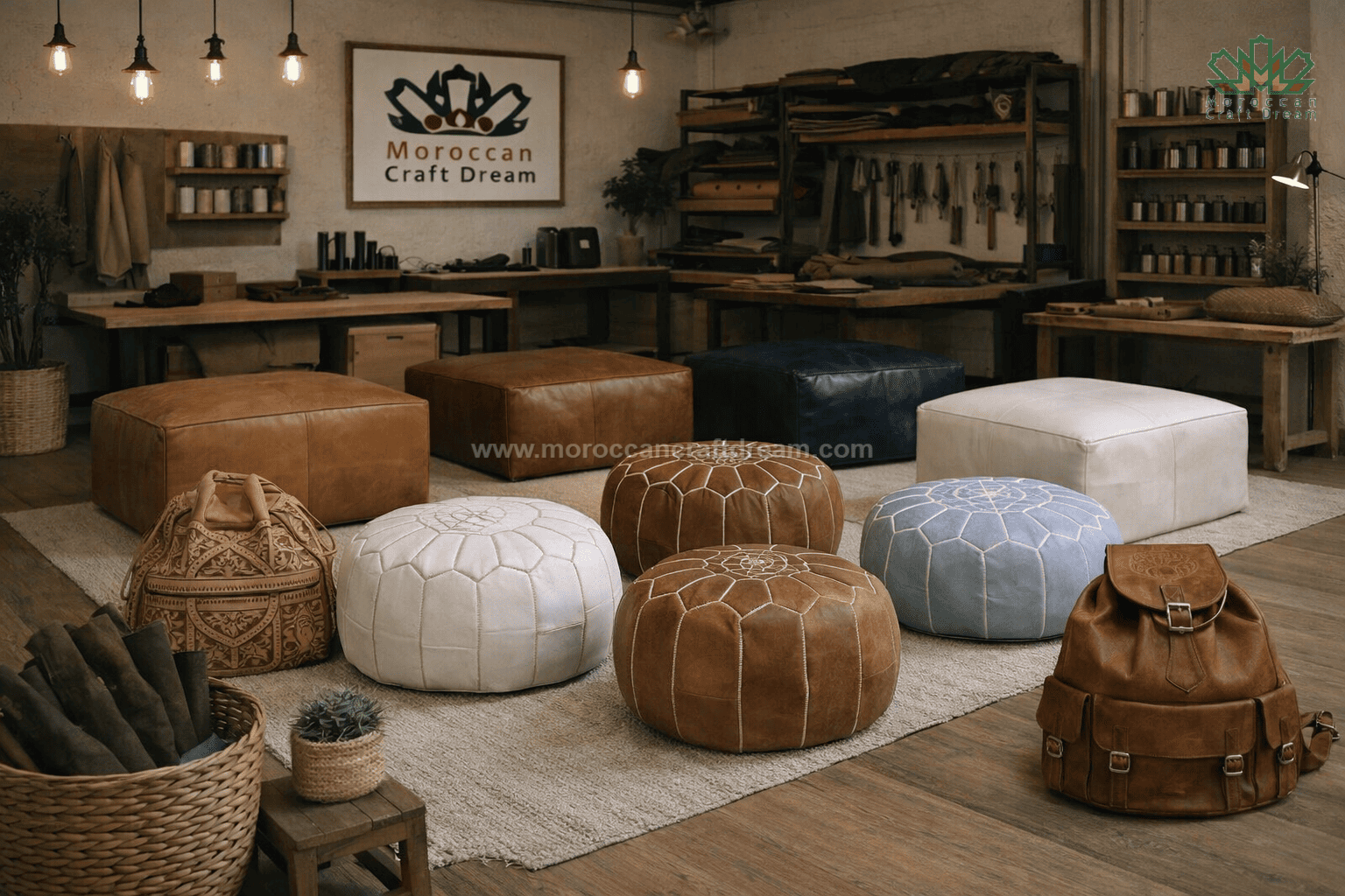 leather ottomans and leather bags in a workshop production moroccancraftdream