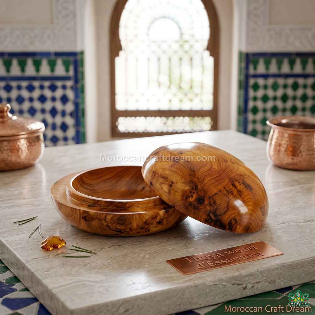 Wooden bowls on a stone surface with decorative tiles in the background