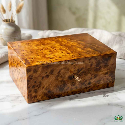 Wooden jewelry box with a decorative clasp on a marble surface, brand 'MoroccanCraftDream' visible.