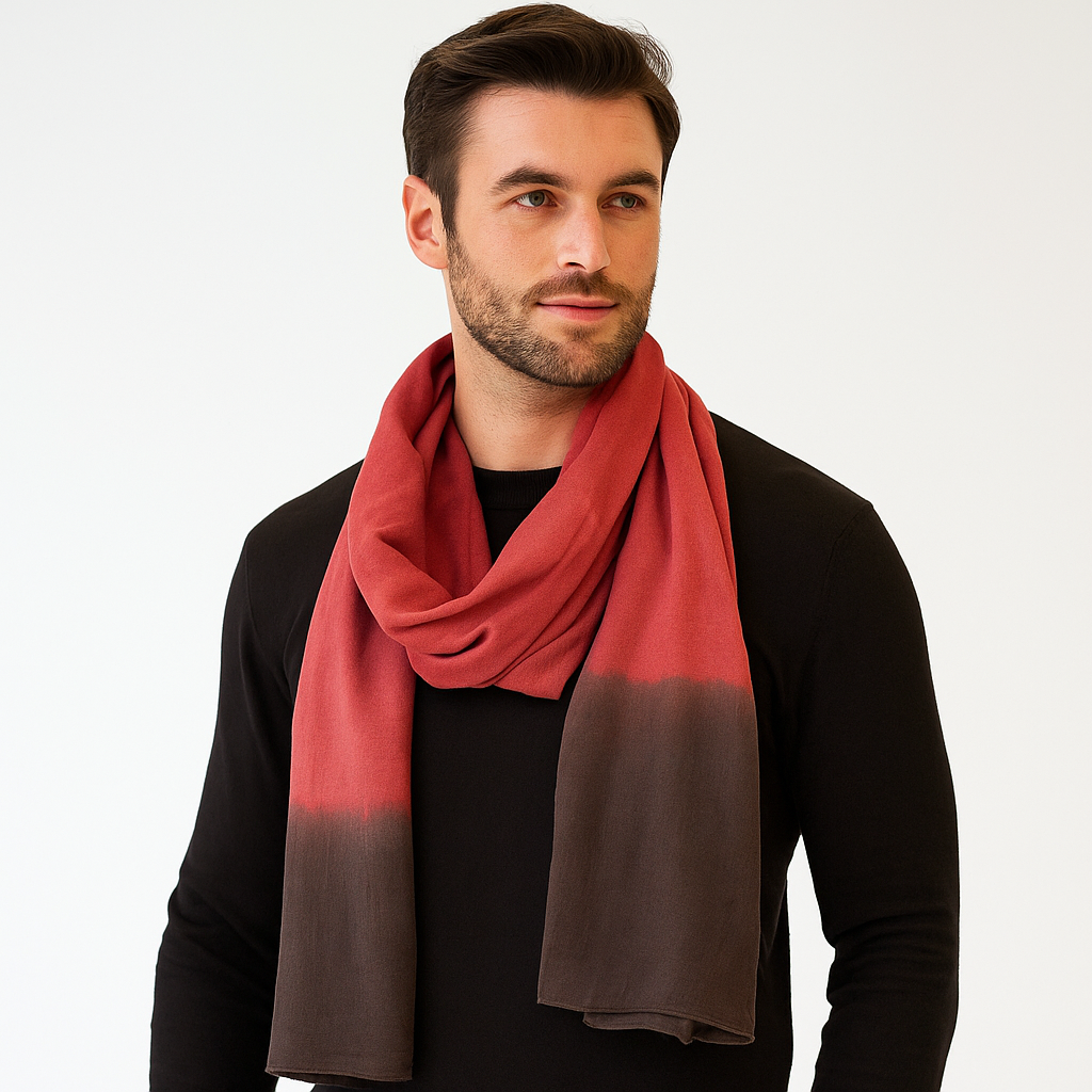 Man wearing a red to brown gradient scarf on a white background