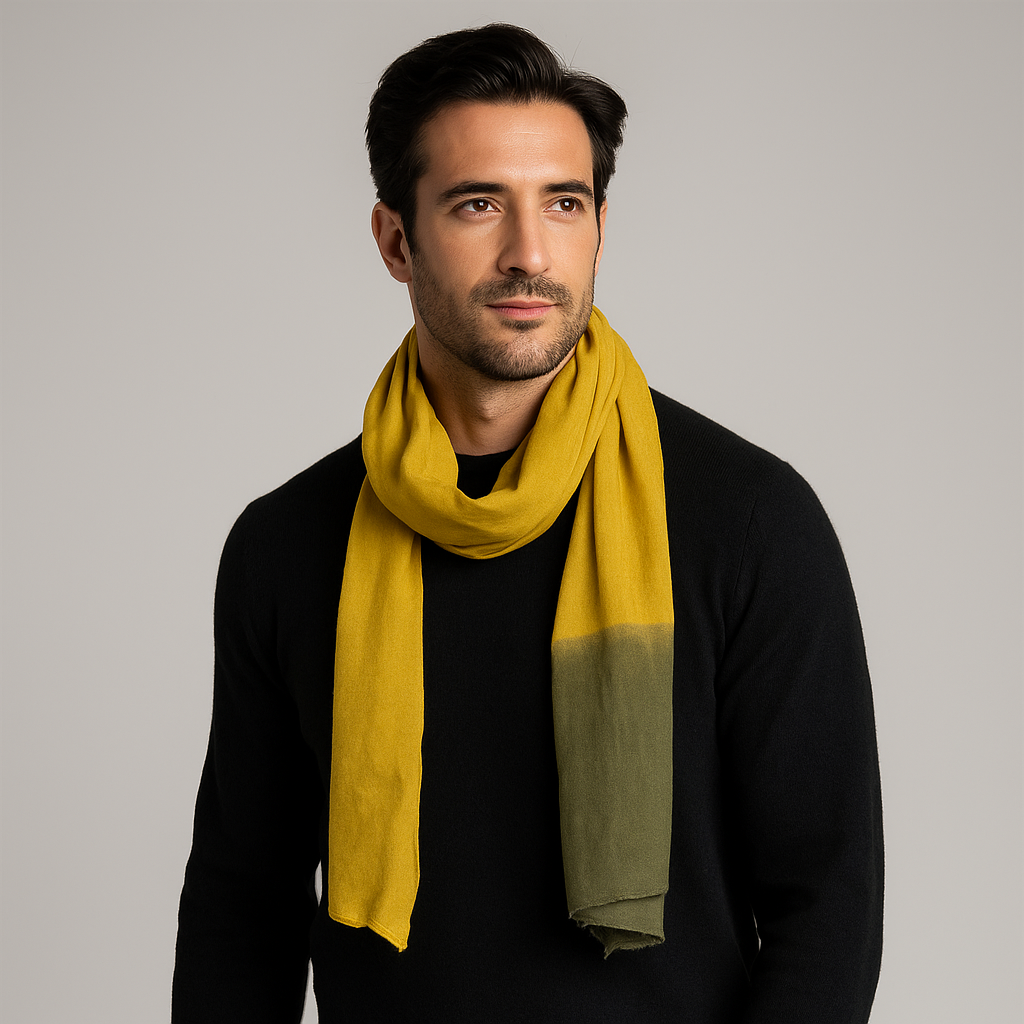 Man wearing a yellow scarf against a gray background