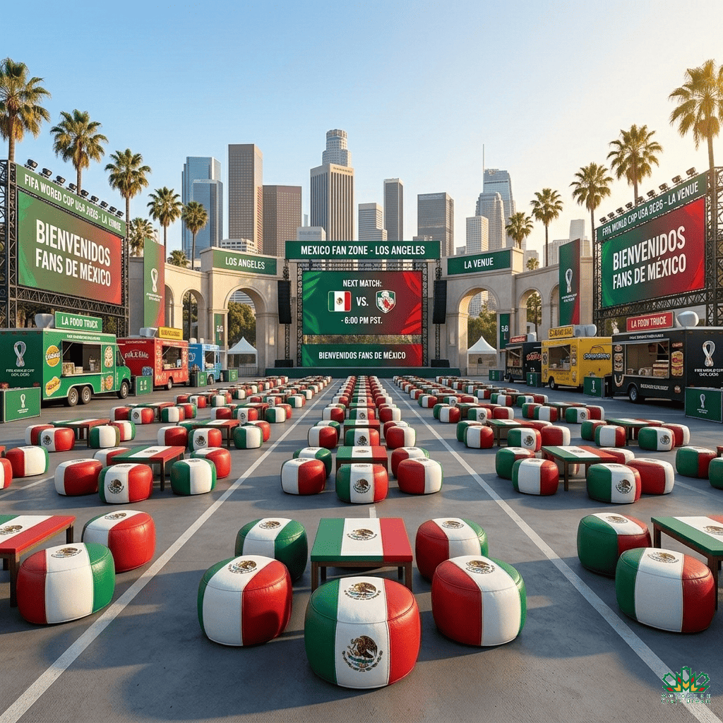 Fan zone setup with Mexican flag-themed furniture in front of a city skyline.