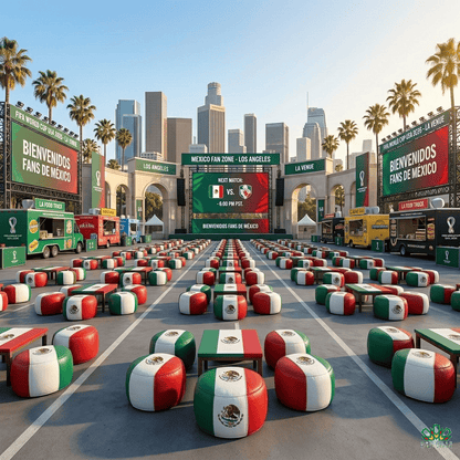 Fan zone setup with Mexican flag-themed furniture in front of a city skyline.