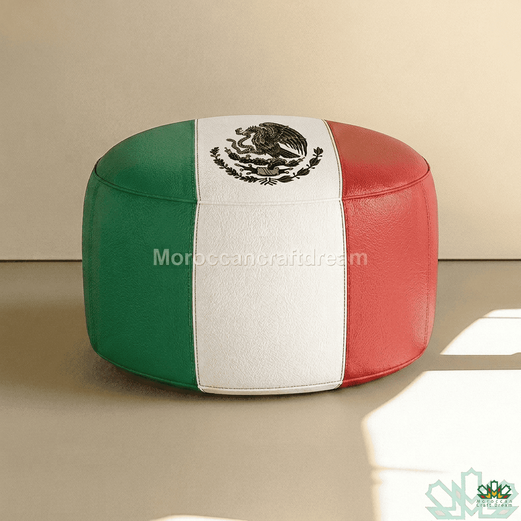 Pouf with green, white, and red design on a beige background, mecican flag