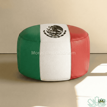 Pouf with green, white, and red design on a beige background, mecican flag