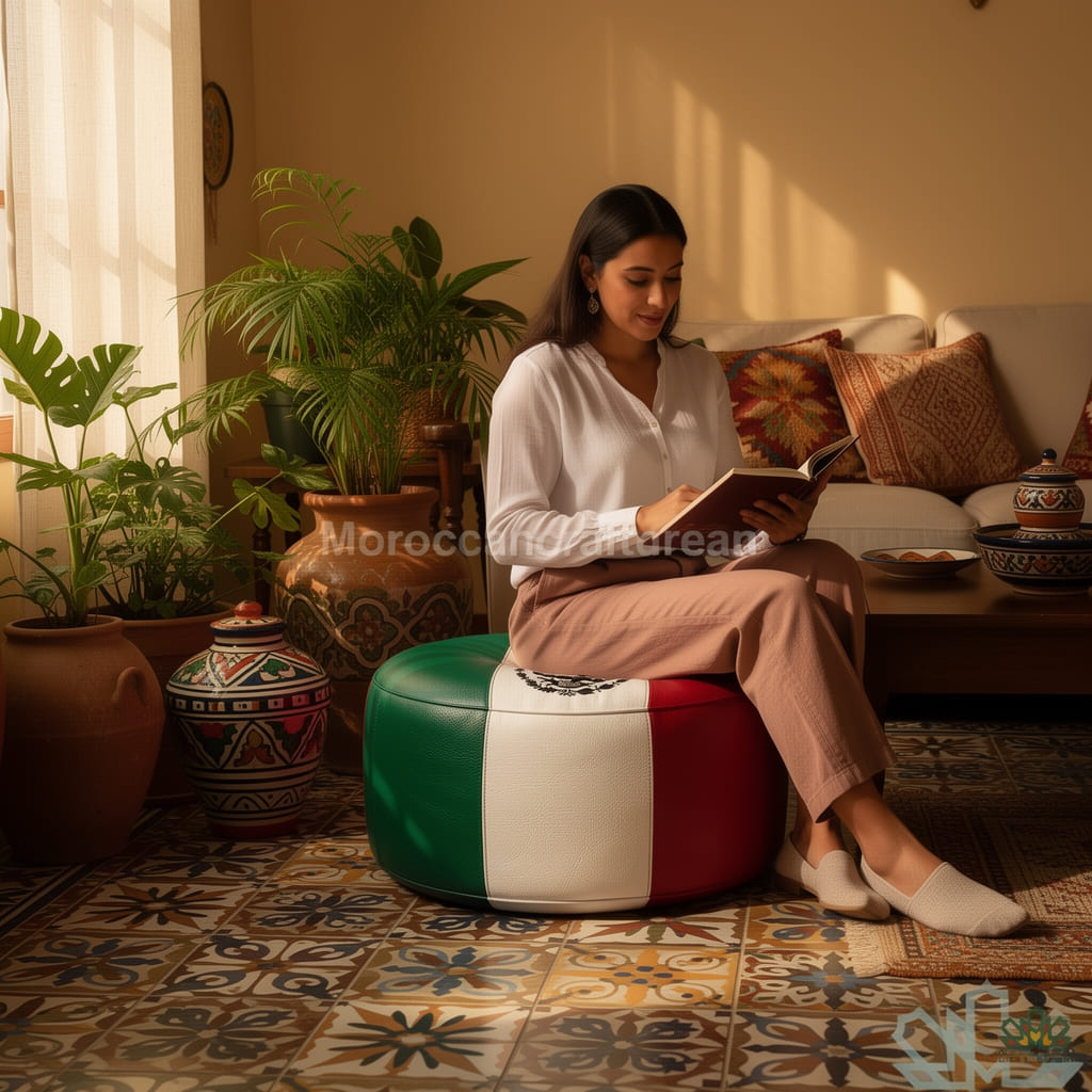 Woman reading a book on a colorful ottoman in a cozy living room.