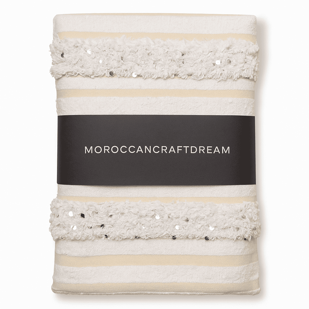 Decorative towel with textured border and 'Moroccancraftdream' label on a white background