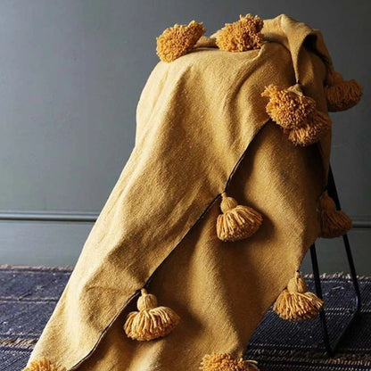 Moroccan Blanket throw Pom Pom, Mustard MB1MU2 handmade and authentic