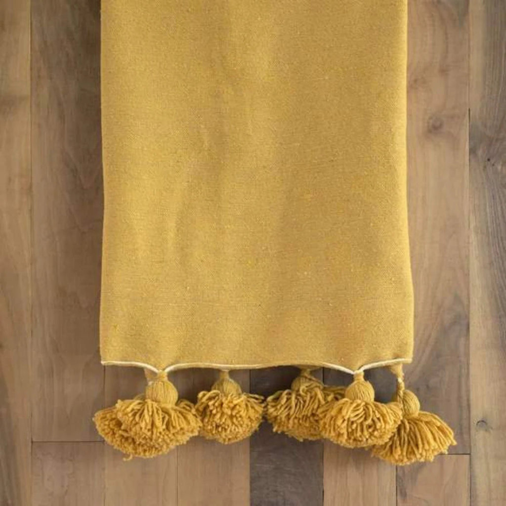 Moroccan Blanket throw Pom Pom, Mustard handmade