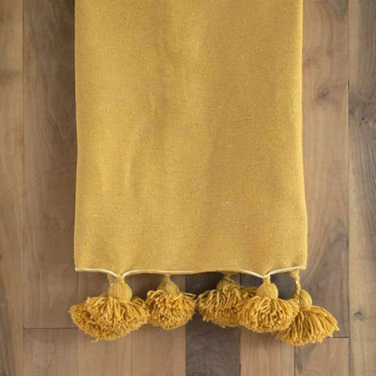 Moroccan Blanket throw Pom Pom, Mustard handmade