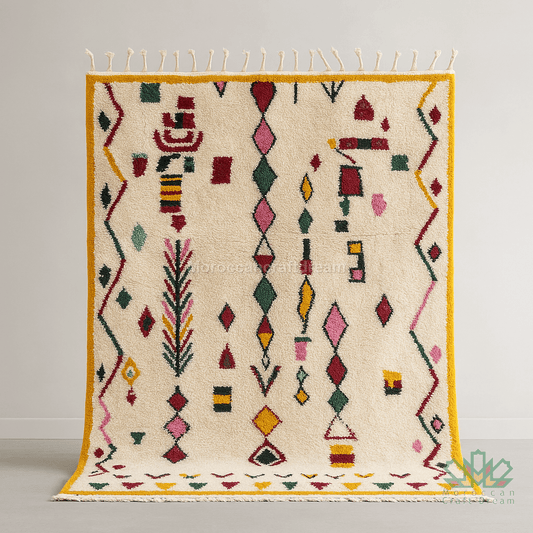 Decorative rug with geometric pattern on a plain background