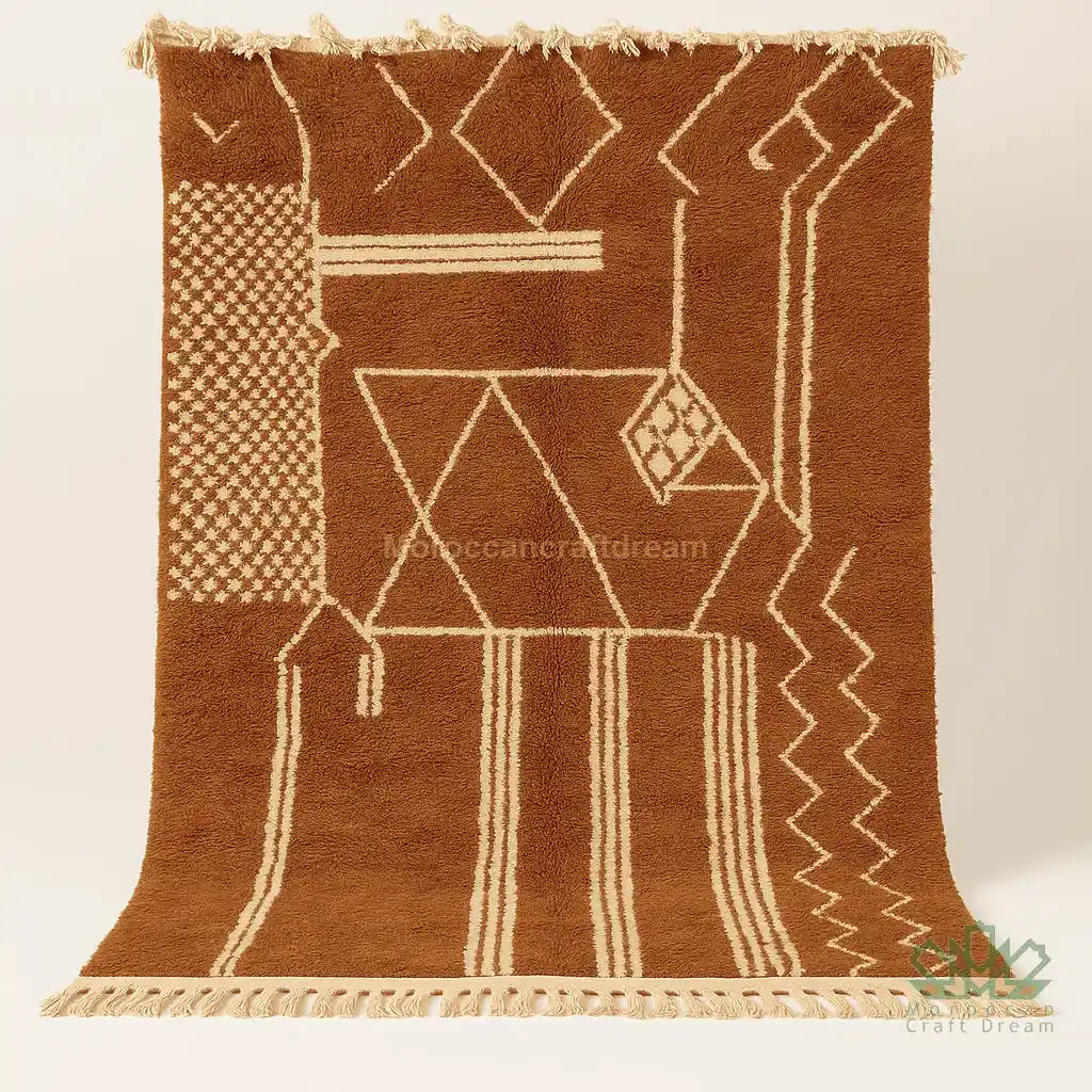 Brown and beige patterned rug with geometric designs on a white background