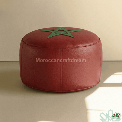 Red pouf with a green star design on a beige background, moroccan flag