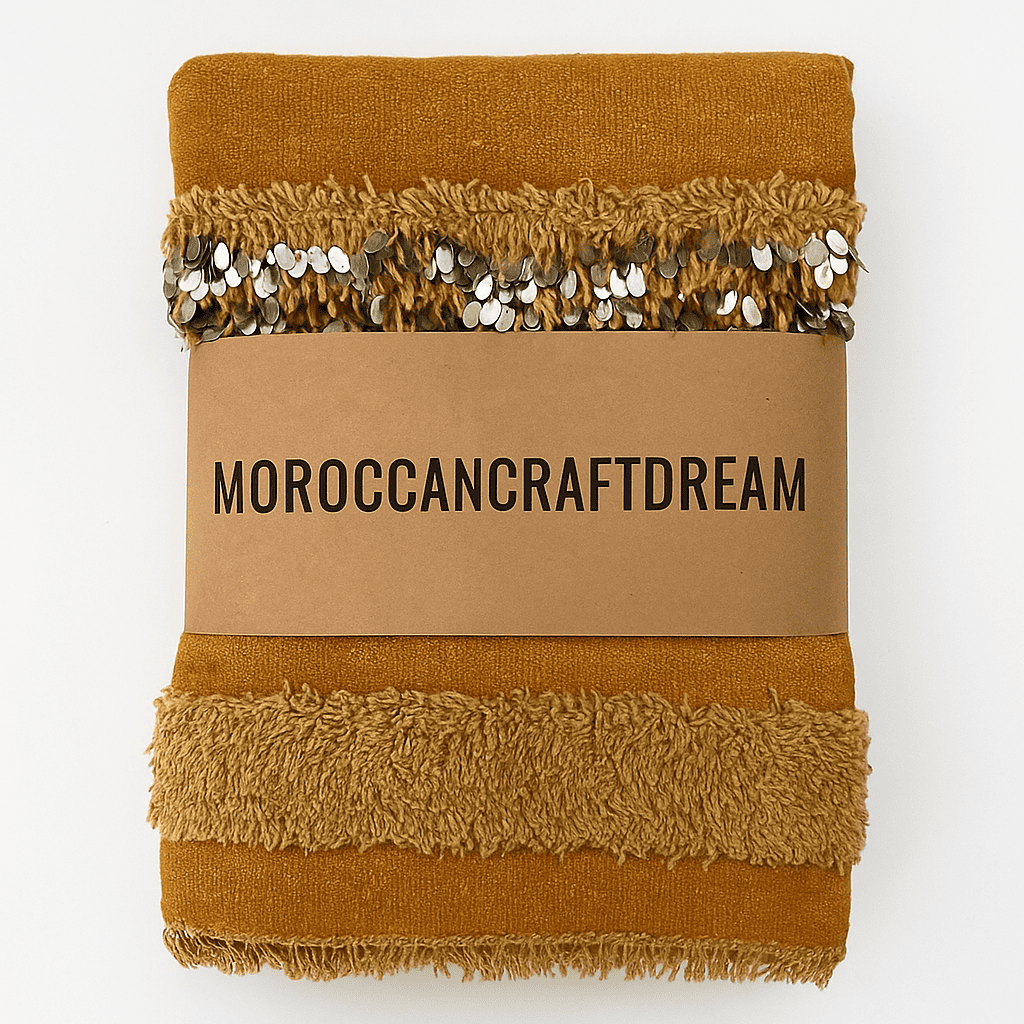 Brown textured blanket with decorative trim on a cardboard label displaying 'MOROCCANCRAFTDREAM'.