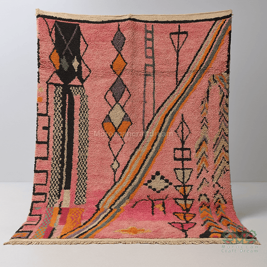 Pink rug with geometric patterns on a plain background