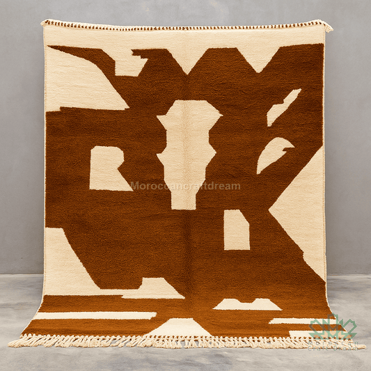 Woven rug with brown and beige abstract design on a gray background, featuring 'MoroccanDream' branding.