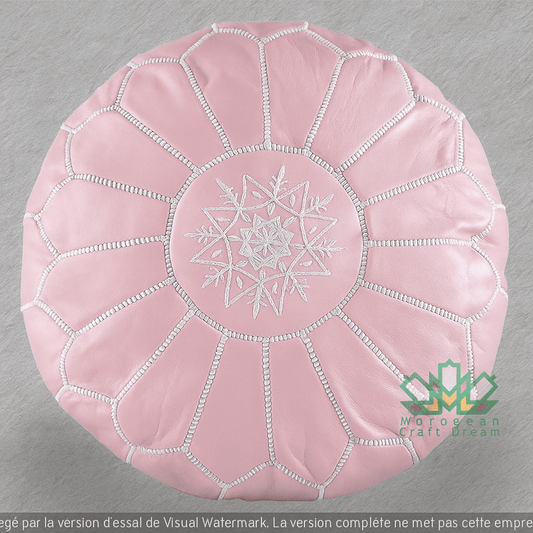 Pink moroccan pouf with white embroidery for girls and pink decor