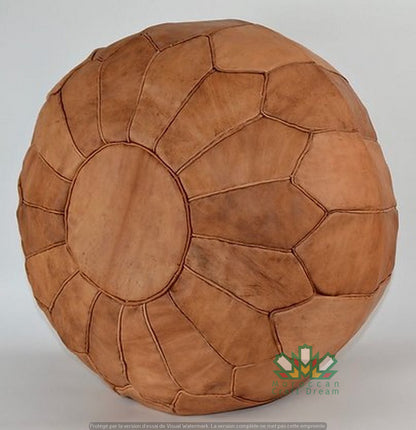 Handmade Light caramel Moroccan leather pouf without star pattern, perfect for use as a coffee table or versatile seating option.