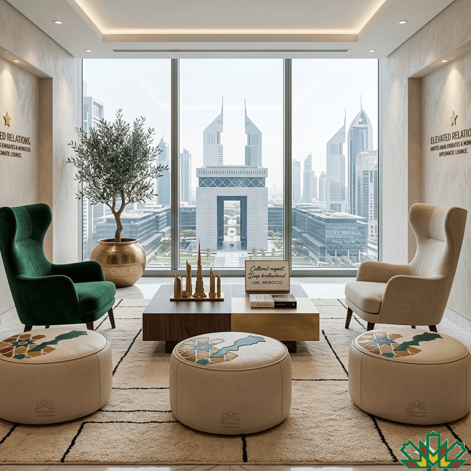 Modern living room with cityscape view, furniture, moroccan pouf with moroccan Zellige motif and the map of the Kingdom of Morocco and decor elements.