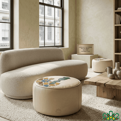 Modern living room with a curved beige sofa, round ottoman with a colorful pattern, with moroccan Zellige motif and the map of the Kingdom of Morocco, and wooden coffee table.