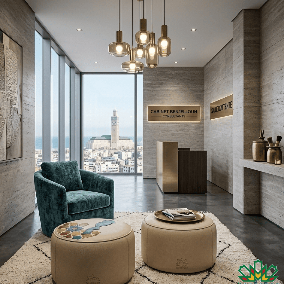 Modern interior with a green armchair, beige ottomans with moroccan Zellige motif and the map of the Kingdom of Morocco, and cityscape view.
