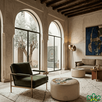 Modern living room with arched windows, green armchair, and decorative ottoman with moroccan Zellige motif and the map of the Kingdom of Morocco.