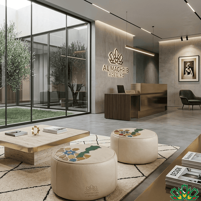 Modern office interior with moroccan rug and ottoman with moroccan Zellige motif and the map of the Kingdom of Morocco