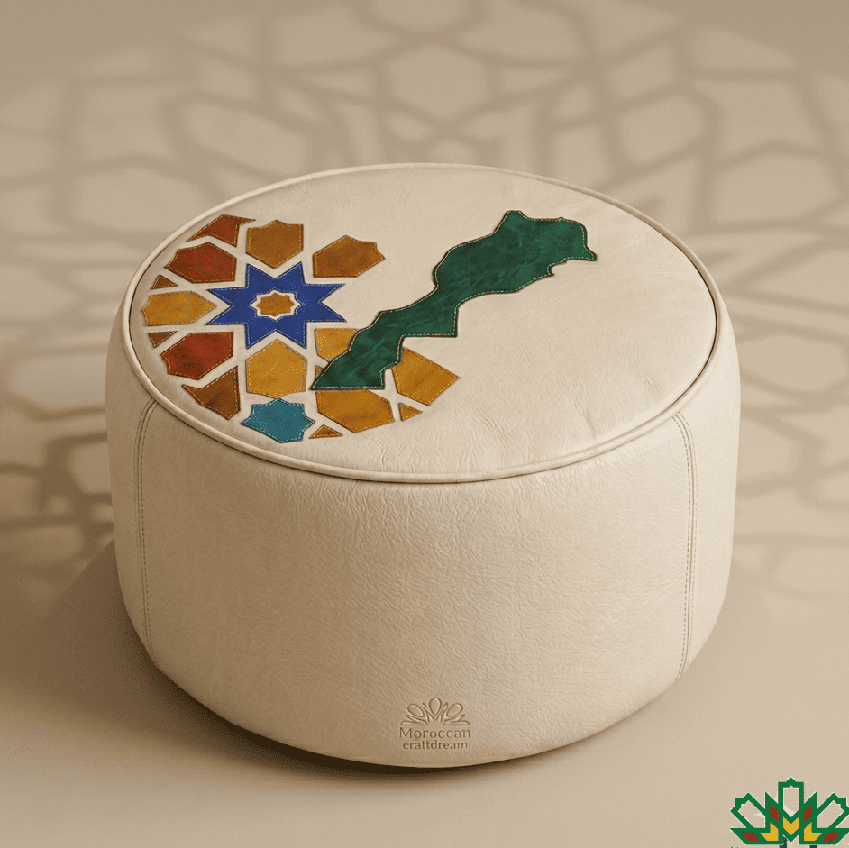 Round beige ottoman with moroccan Zellige motif and the map of the Kingdom of Morocco and 'Moroccan' branding on a beige background