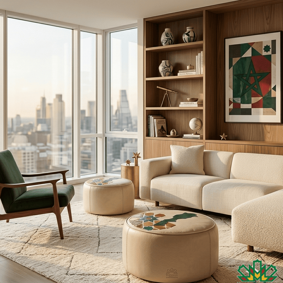 Modern living room with a cityscape view, bookshelf, leather ottomans with moroccan Zellige motif and the map of the Kingdom of Morocco and decorative items.