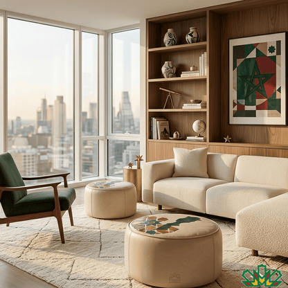 Modern living room with a cityscape view, bookshelf, leather ottomans with moroccan Zellige motif and the map of the Kingdom of Morocco and decorative items.
