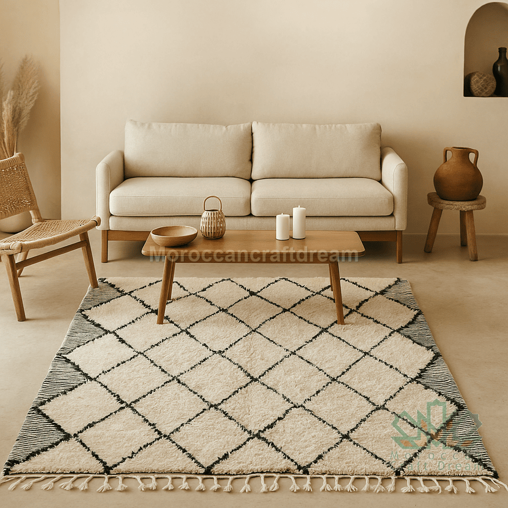 Beige living room with a patterned rug, beige sofa, and wooden coffee table.