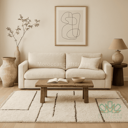 Modern living room with a beige sofa, wooden coffee table, and abstract art on the wall.