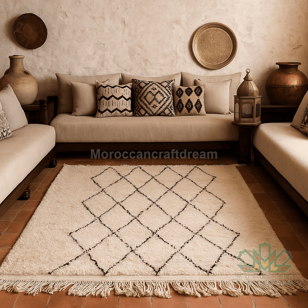 Beige rug with black diamond pattern in a living room setting with beige sofa and decorative pillows.