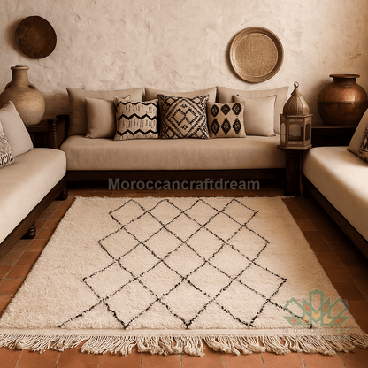 Beige rug with black diamond pattern in a living room setting with beige sofa and decorative pillows.
