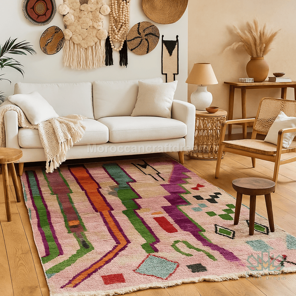 Living room with a colorful geometric rug, white sofa, and wooden furniture.