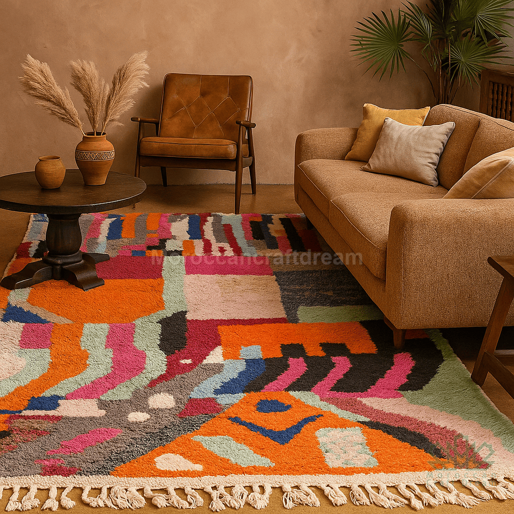 Living room with a colorful geometric rug, brown sofa, and wooden chair.