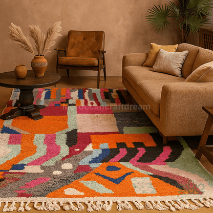 Living room with a colorful geometric rug, brown sofa, and wooden chair.