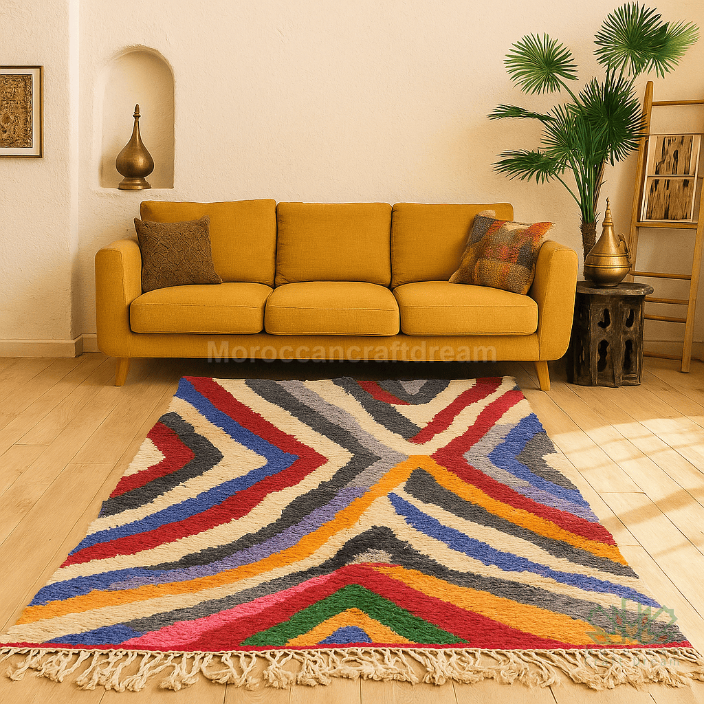 Yellow sofa in a room with a colorful geometric rug on the floor.