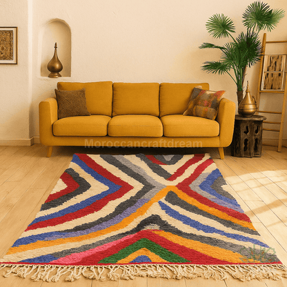 Yellow sofa in a room with a colorful geometric rug on the floor.