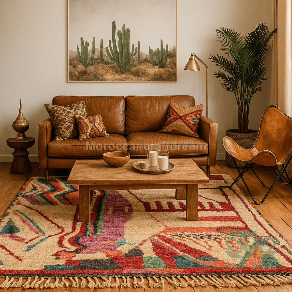 Cozy living room with brown leather sofa, wooden coffee table, and colorful rug.