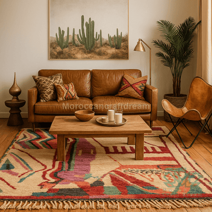Cozy living room with brown leather sofa, wooden coffee table, and colorful rug.