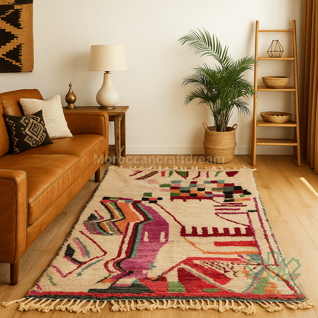 Living room with a patterned rug, brown sofa, and decorative items.