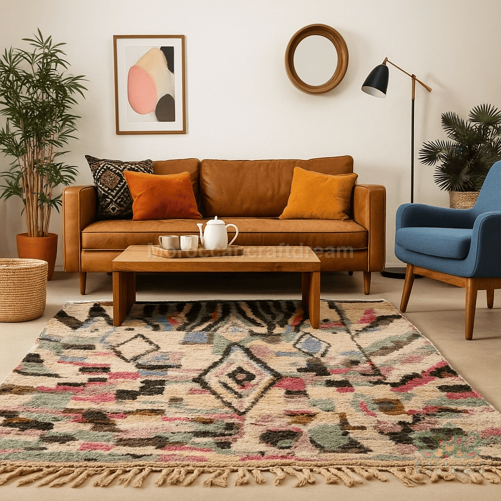 Living room with brown sofa, blue armchair, and patterned rug.