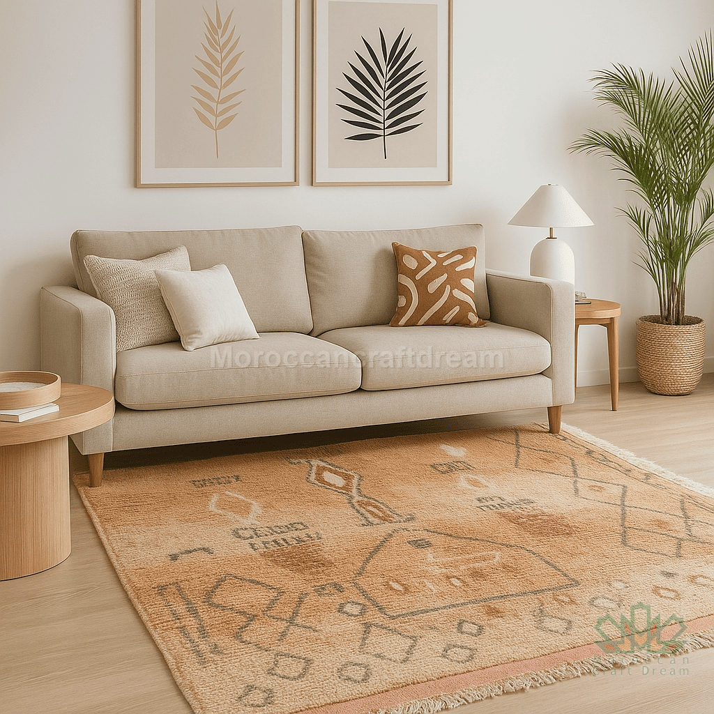 Living room with beige sofa, patterned rug, and decorative elements.