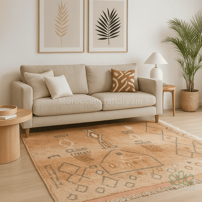Living room with beige sofa, patterned rug, and decorative elements.